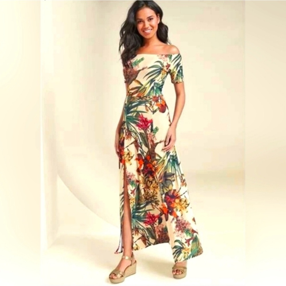 Lascana For Venus Off The Shoulder Tropical Floral Print Maxi Slit Dress Size L